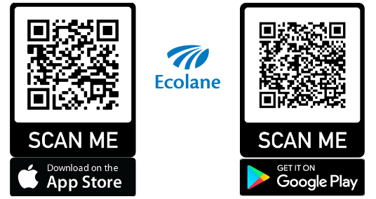 Two QR codes for the Ecolane app. Scan the left code for the Apple App Store, or the right code for Google Play. The same two destinations are linked as buttons above this image.