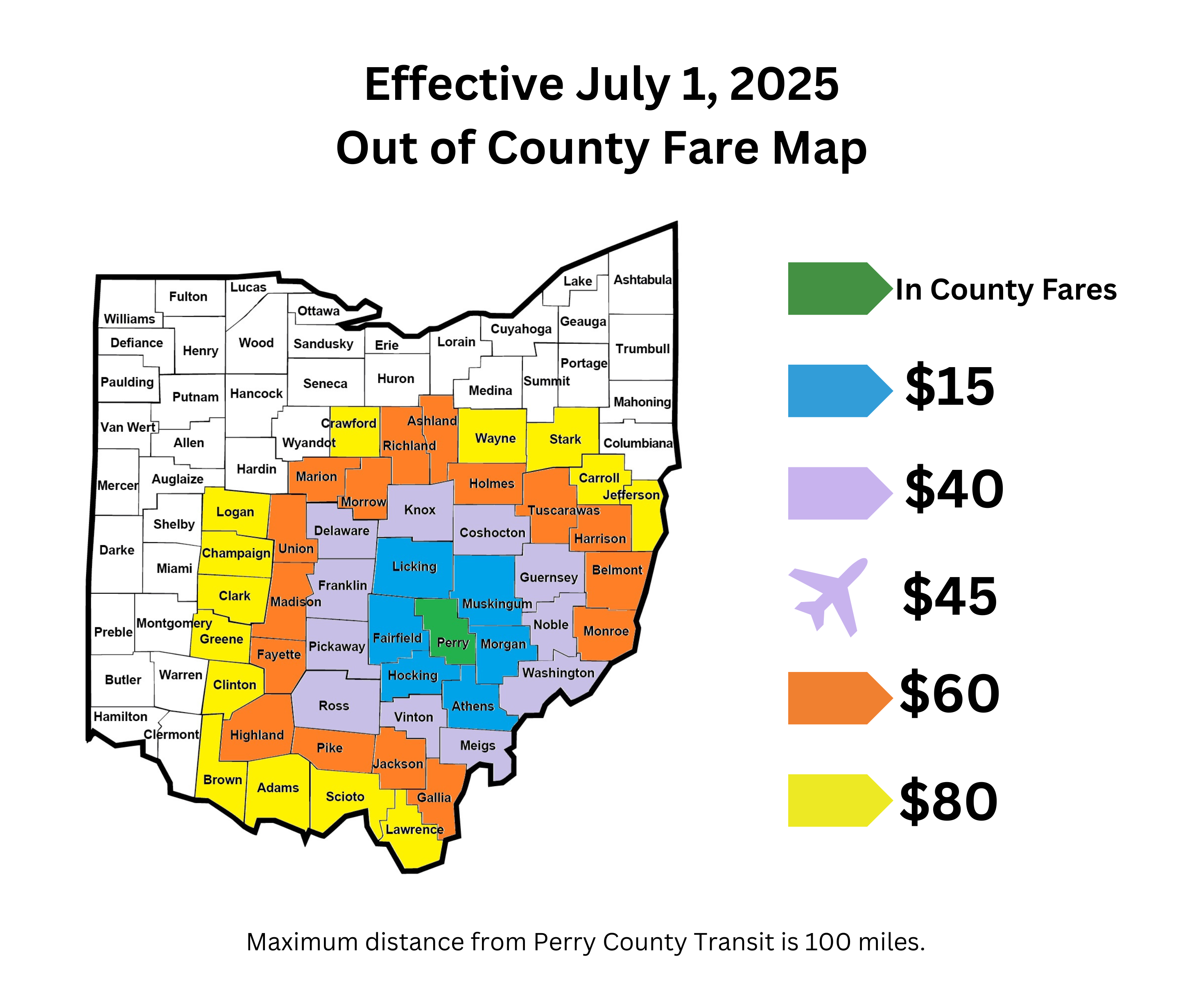 Out of County Fare Map effective July 1, 2025. A map of Ohio colours each county by fare tier: $15, $40, $45 for airport trips, $60 and $80. The fares are listed in the table above this image.